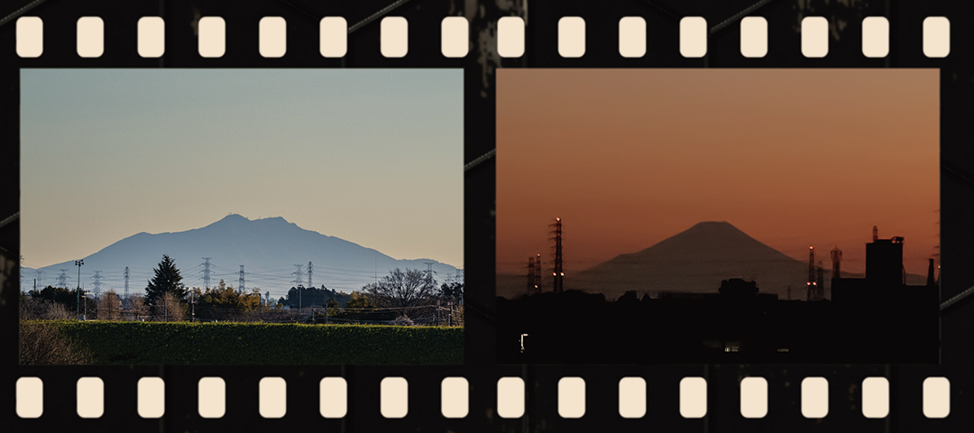 左：筑波山（杉戸町周辺より撮影）、右：富士山（役場屋上より撮影）